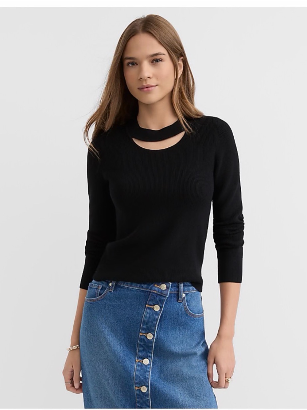 loft M Black Cutout Ribbed Long Sleeve Top